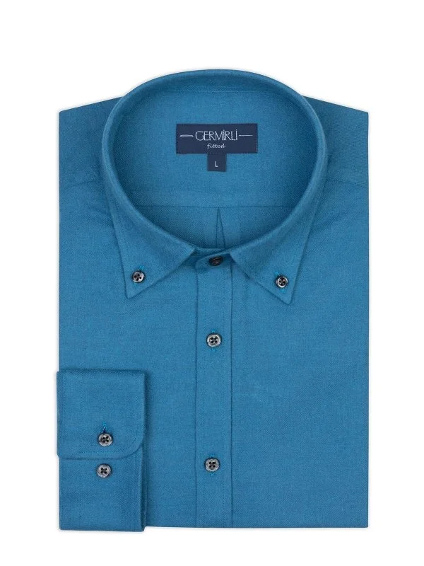 Germirli Dark Blue Plain Tailor Fit Relaxed Fit Button-down Collar Albini Flannel Shirt - 2