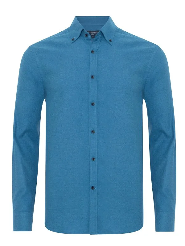 Germirli Dark Blue Plain Tailor Fit Relaxed Fit Button-down Collar Albini Flannel Shirt - 1