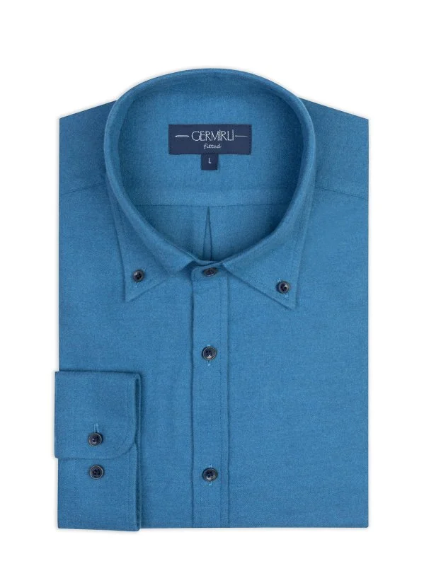 Germirli Dark Blue Plain Tailor Fit Relaxed Fit Button-down Collar Albini Flannel Shirt - 2