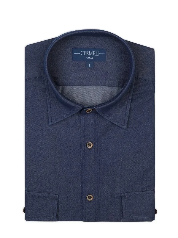 Germirli Dark Navy Double Pocket Flap Soft Collar Tailor Fit Selvedge Denim Shirt - 3
