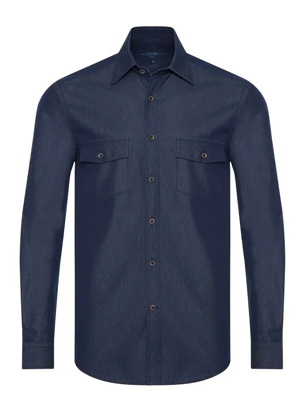 Germirli Dark Navy Double Pocket Flap Soft Collar Tailor Fit Selvedge Denim Shirt - 2