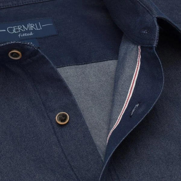 Germirli Dark Navy Double Pocket Flap Soft Collar Tailor Fit Selvedge Denim Shirt - 1