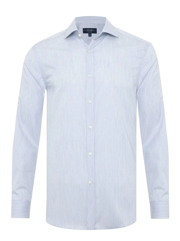Germirli Exclusive Italian Collar Blue Striped Albini Tailor Fit Tencel Shirt - 3