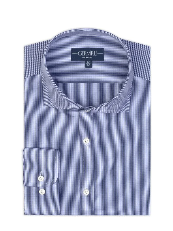 Germirli Exclusive Italian Collar Navy Checkered Albini Tailor Fit Piumino Cotton Shirt - 1