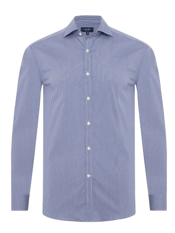 Germirli Exclusive Italian Collar Navy Checkered Albini Tailor Fit Piumino Cotton Shirt - 3