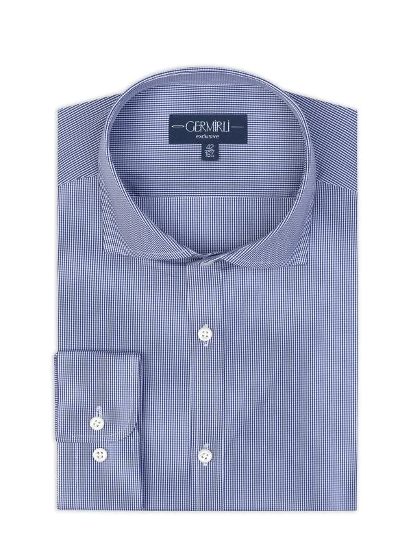 Germirli Exclusive Italian Collar Navy Checkered Albini Tailor Fit Piumino Cotton Shirt - 1
