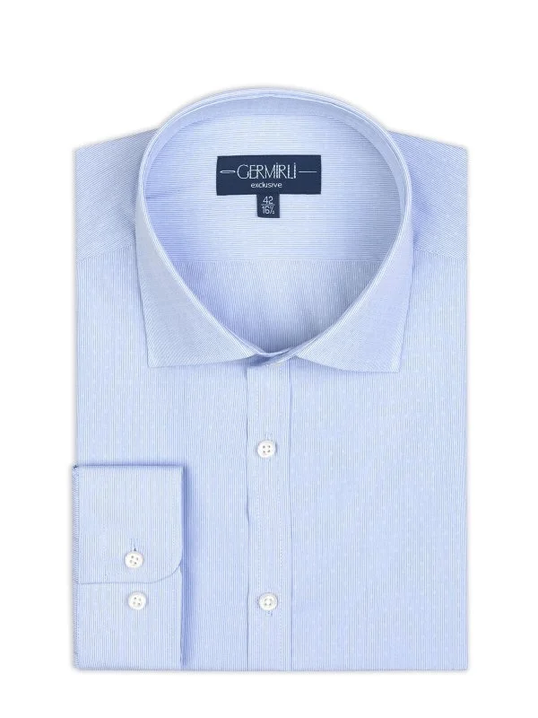 Germirli Exclusive Thin Blue Striped Tailor Fit Classic Collar Albini Piumino Giza Cotton Shirt - 1