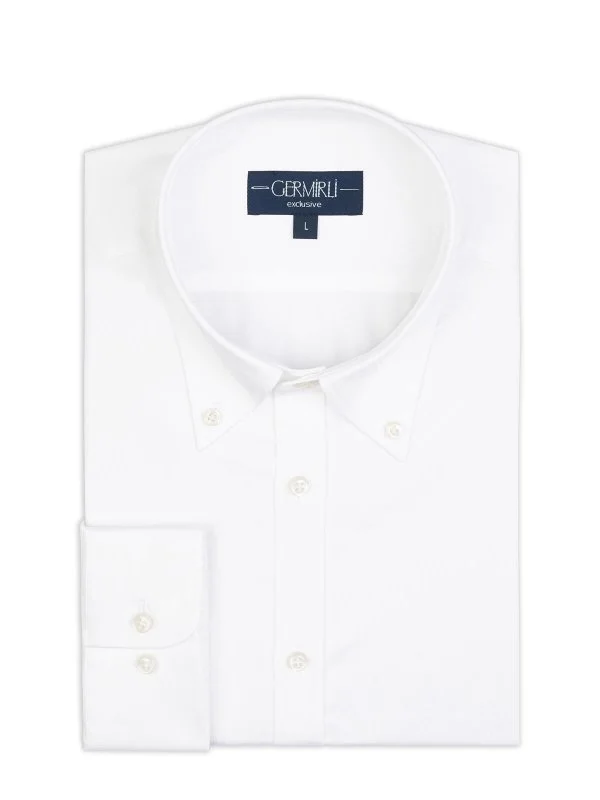 Germirli Exclusive White Satin Textured Tailor Fit Button-down Collar Cotton Shirt - 2