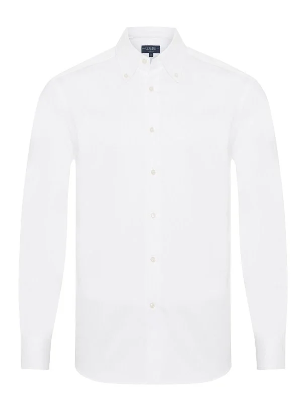 Germirli Exclusive White Satin Textured Tailor Fit Button-down Collar Cotton Shirt - 1