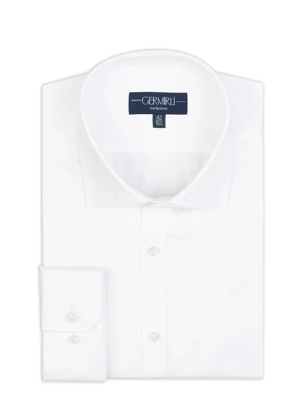 Germirli Exclusive White Satin Textured Tailor Fit Classic Collar Cotton Shirt - 2