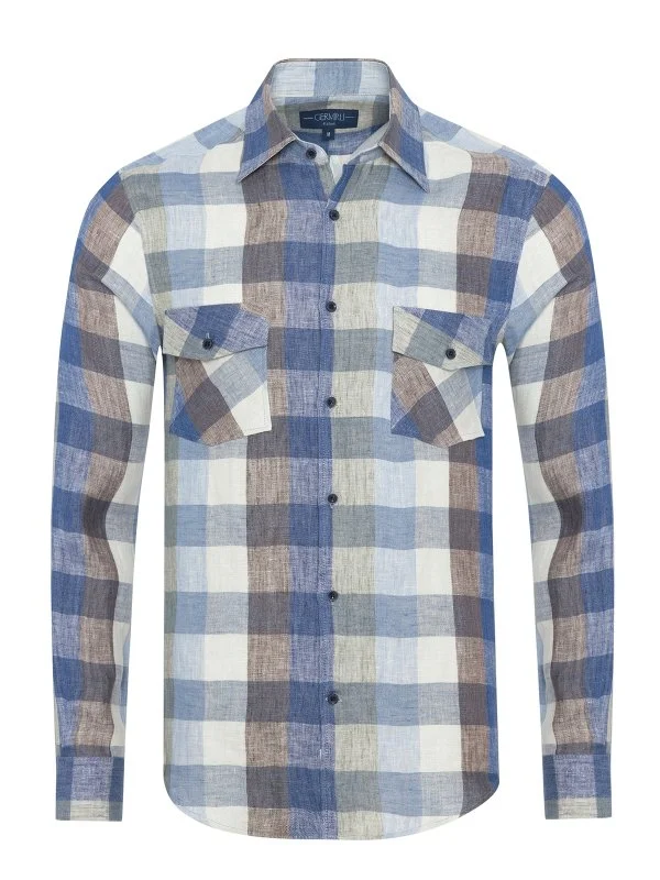 Germirli Flap Pocket Soft Collar Blue Beige Green Plaid Linen Tailor Fit Overshirt Shirt - 1