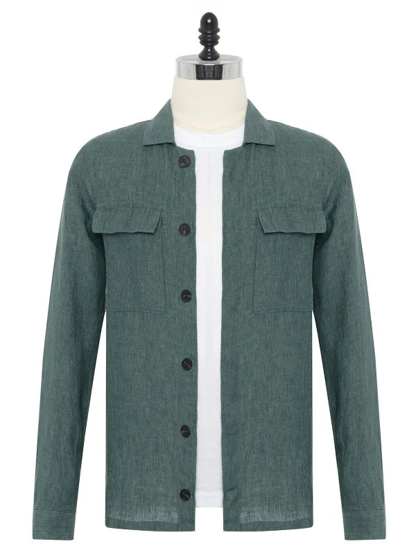 Green Hidden Button Delave Linen Tailor Fit Jacket Shirt with Germirli - 1