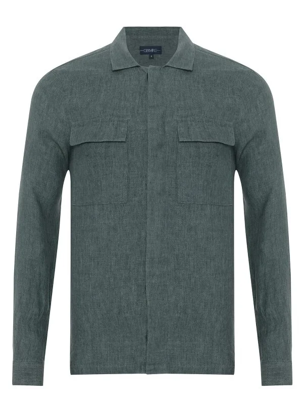 Green Hidden Button Delave Linen Tailor Fit Jacket Shirt with Germirli - 2