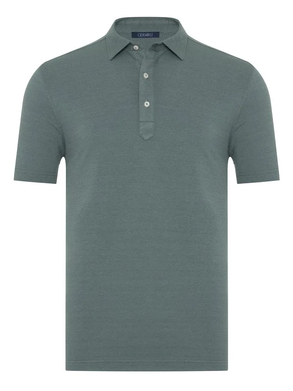 Green Piquet Shirt Collar Regular Fit Mercerized Cotton Tencel T-Shirt with Germirli - 1