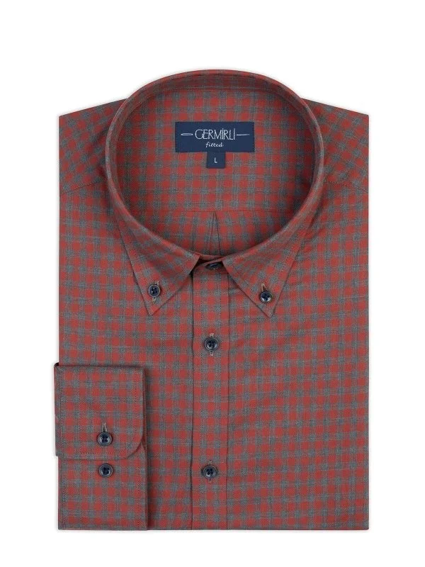 Germirli Gray Red Button-down Collar Albini Tailor Fit Relaxed Fit Checkered Thin Flannel Shirt - 2