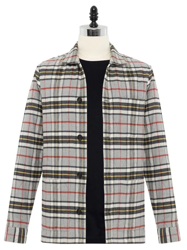 Germirli Grey White Plaid Quilted Stitched Flannel Thomas Mason Tailor Fit Relaxed Fit Jacket Shirt - 1