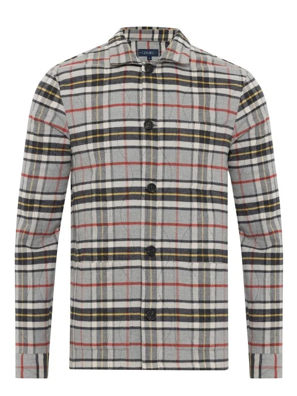 Germirli Grey White Plaid Quilted Stitched Flannel Thomas Mason Tailor Fit Relaxed Fit Jacket Shirt - 2