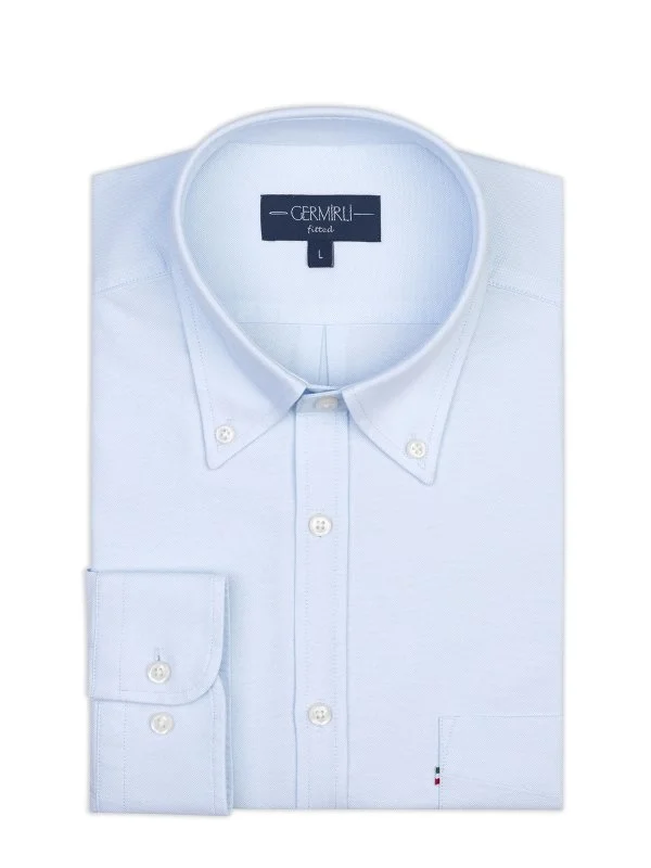 Ice Blue Button Down Collar Pocket Tailor Fit Oxford Sport Shirt with Germirli - 2
