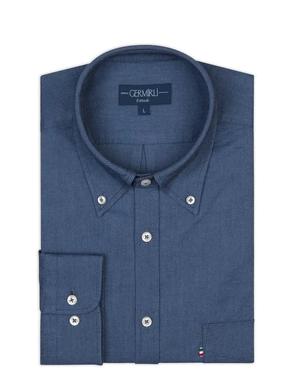 Germirli Indigo Blue Button-Down Collar Pocket Tailor Fit Sport Oxford Men's Shirt - 2