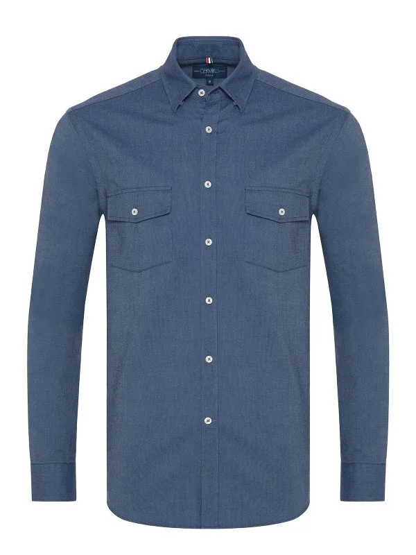 Germirli Indigo Blue Hidden Button Collar Flap Pocket Tailor Fit Sport Oxford Men's Shirt - 1
