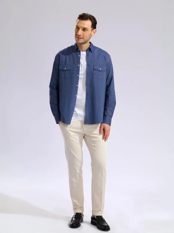 Germirli Indigo Blue Hidden Button Collar Flap Pocket Tailor Fit Sport Oxford Men's Shirt - 5