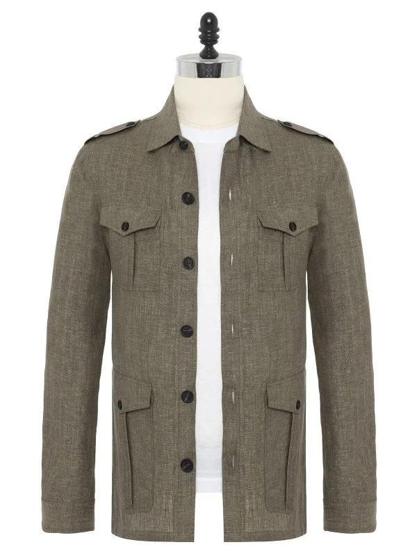 Germirli Khaki Herringbone Texture Tailor Fit Delave Linen Safari Jacket Shirt - 1