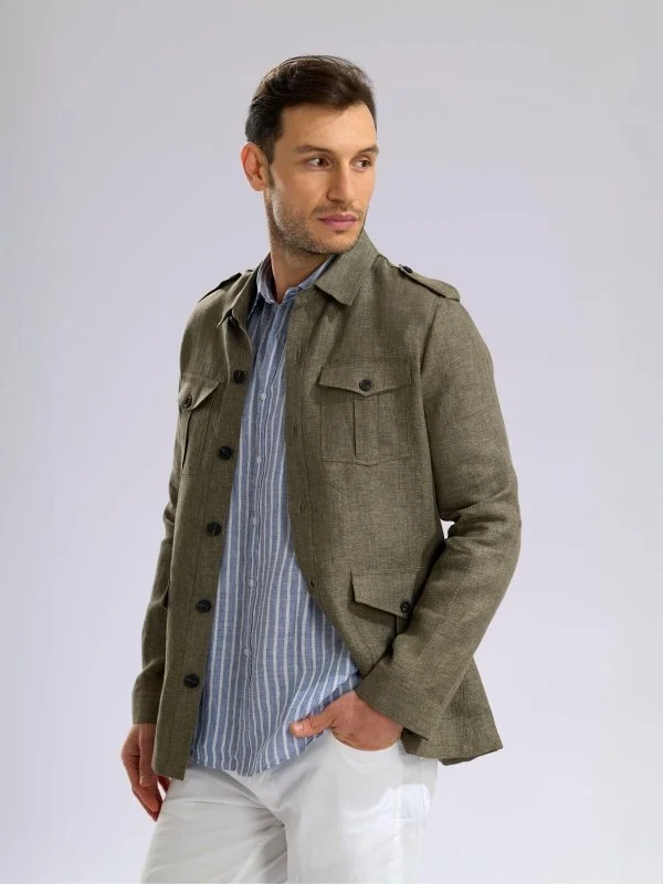 Germirli Khaki Herringbone Texture Tailor Fit Delave Linen Safari Jacket Shirt - 4