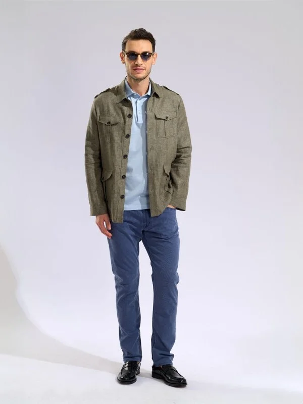Germirli Khaki Herringbone Texture Tailor Fit Delave Linen Safari Jacket Shirt - 5