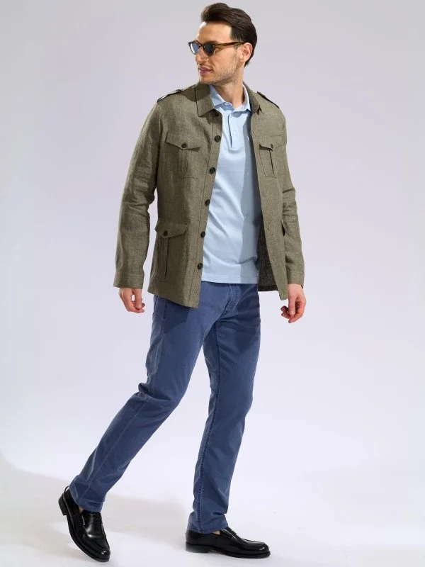 Germirli Khaki Herringbone Texture Tailor Fit Delave Linen Safari Jacket Shirt - 6