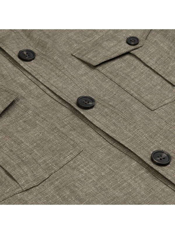Germirli Khaki Herringbone Texture Tailor Fit Delave Linen Safari Jacket Shirt - 2