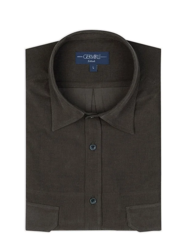 Germirli Khaki Thin Velvet Soft Collar Albini Tailor Fit Utility Pure Cotton Shirt - 2