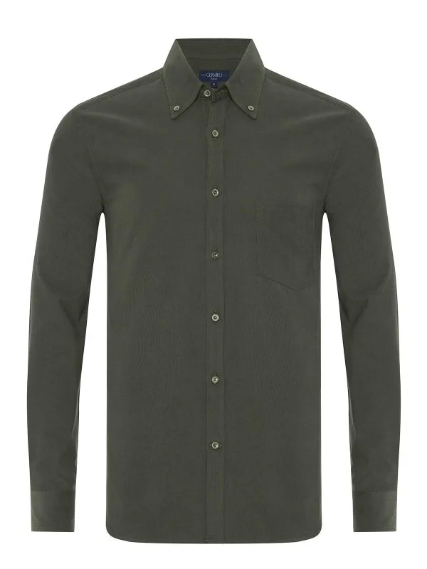 Germirli Khaki Green Ribbed Plain Tailor Fit Relaxed Fit Button-down Collar Albini Thin Velvet Shirt - 1