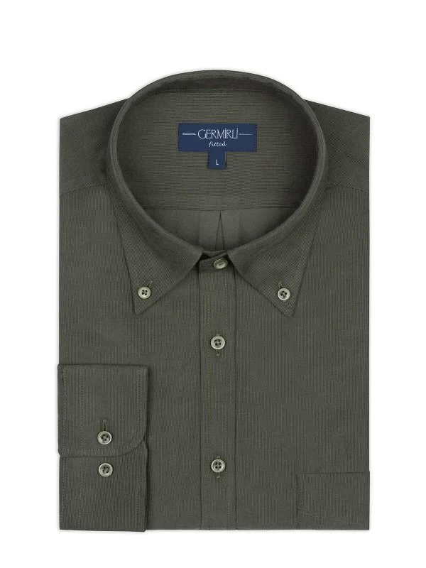 Germirli Khaki Green Ribbed Plain Tailor Fit Relaxed Fit Button-down Collar Albini Thin Velvet Shirt - 2