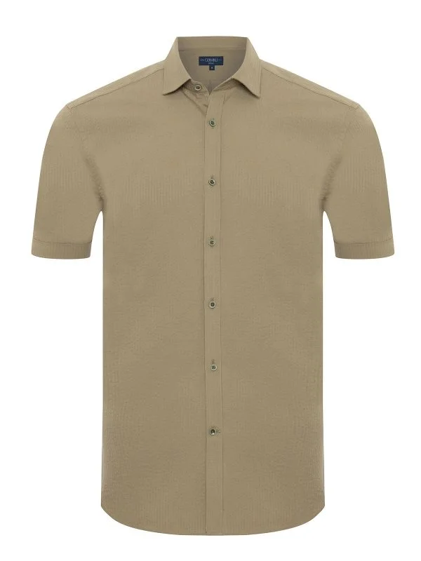Germirli Khaki Tailor Fit Soft Collar Seersucker Men's Short Sleeve Cotton Shirt - 1