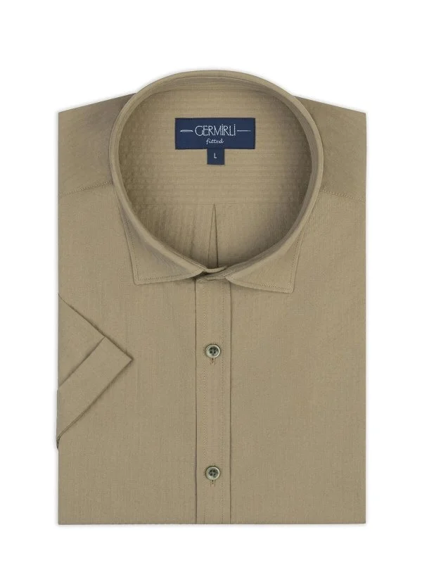 Germirli Khaki Tailor Fit Soft Collar Seersucker Men's Short Sleeve Cotton Shirt - 2