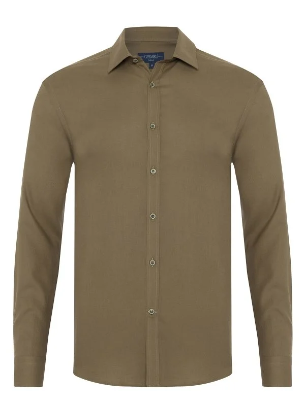 Germirli Khaki Twill Texture Soft Collar Tailor Fit Cotton Wool Shirt - 1