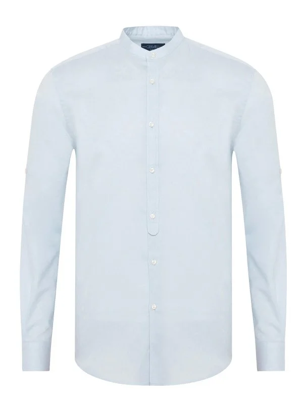 Light Blue Tailor Fit Men's Crew Neck Cotton Linen Shirt with Germirli - 1
