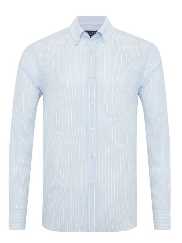 Light Blue Voile Button-Down Collar Tailor Fit Cotton Shirt with Germirli - 1