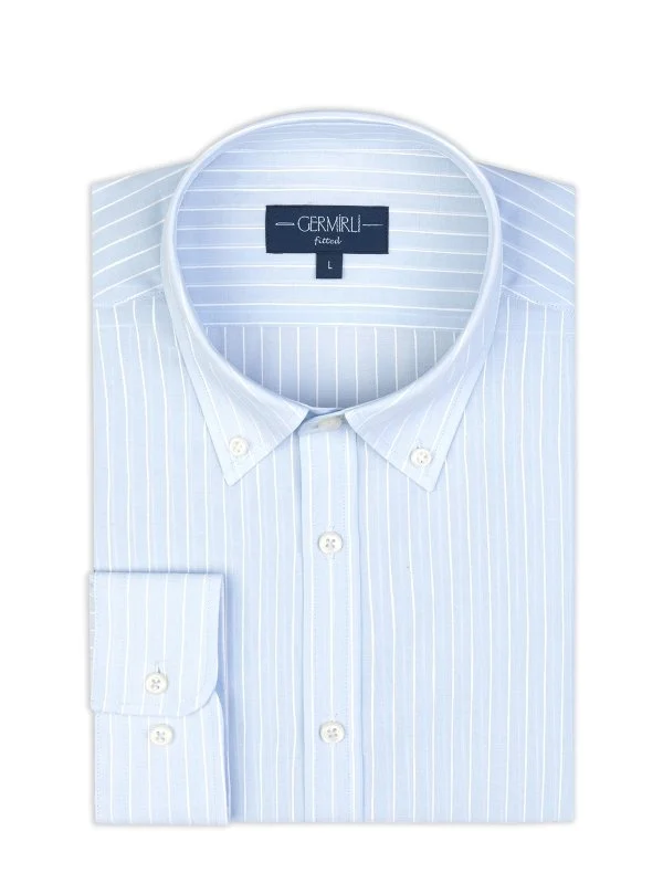Light Blue Voile Button-Down Collar Tailor Fit Cotton Shirt with Germirli - 2