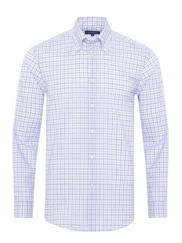 Germirli Lilac Blue White Checkered Button-down Collar Tailor Fit Journey Non Iron Cotton Shirt - 1