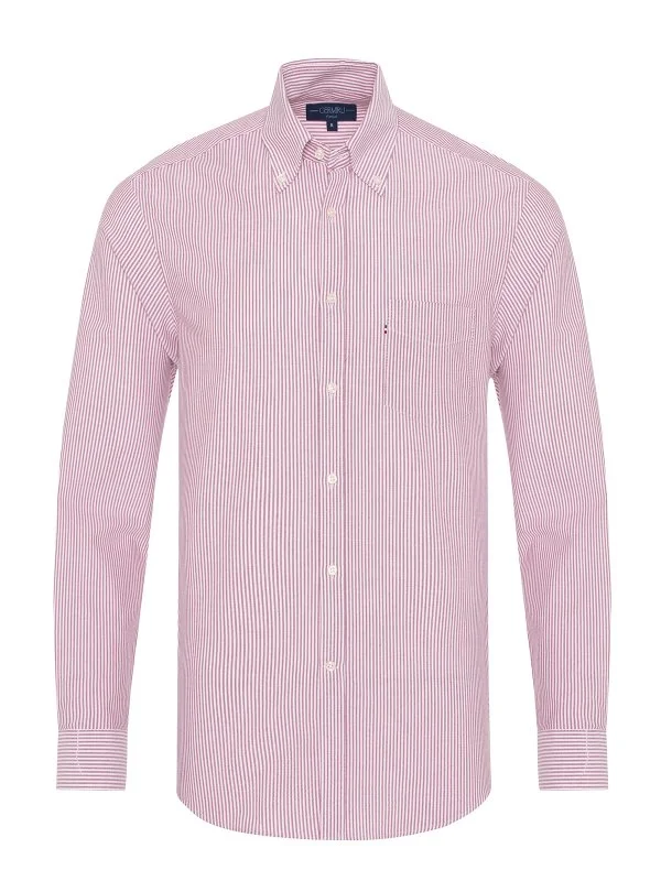 Germirli Burgundy Striped Button-Down Collar Pocket Tailor Fit Sport Oxford Men's Shirt - 3