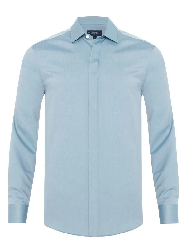 Germirli Mint Green Hidden Placket Soft Collar Tailor Fit Diagonal Pattern Cotton Shirt - 1