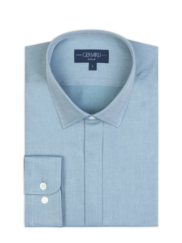 Germirli Mint Green Hidden Placket Soft Collar Tailor Fit Diagonal Pattern Cotton Shirt - 2