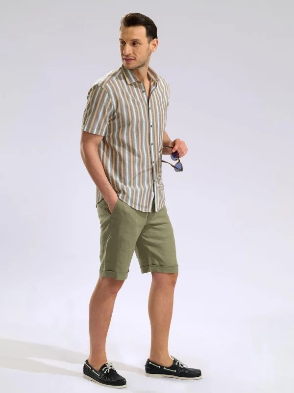 Germirli Multicolor Striped Tailor Fit Soft Collar Seersucker Men's Short Sleeve Cotton Shirt - 7