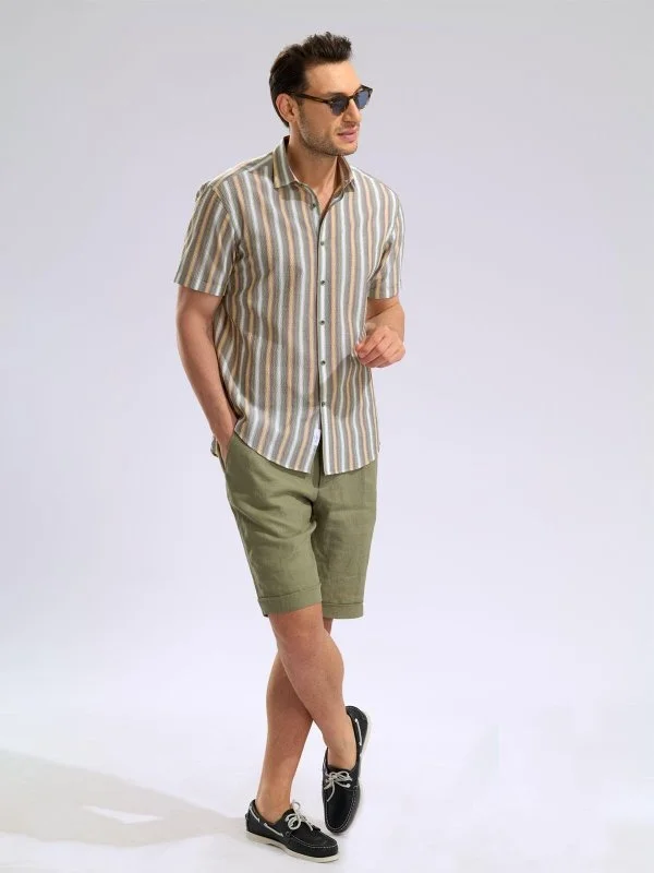 Germirli Multicolor Striped Tailor Fit Soft Collar Seersucker Men's Short Sleeve Cotton Shirt - 8