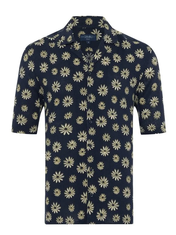 Germirli Navy Blue Floral Patterned Tailor Fit Hawaiian Collar Summer Linen Shirt - 1