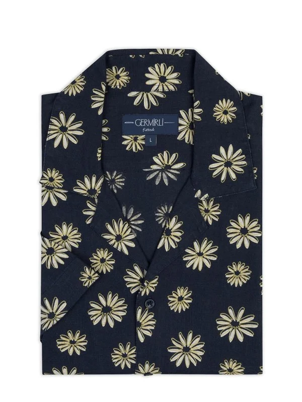 Germirli Navy Blue Floral Patterned Tailor Fit Hawaiian Collar Summer Linen Shirt - 2