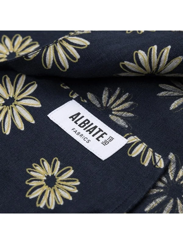 Germirli Navy Blue Floral Patterned Tailor Fit Hawaiian Collar Summer Linen Shirt - 4