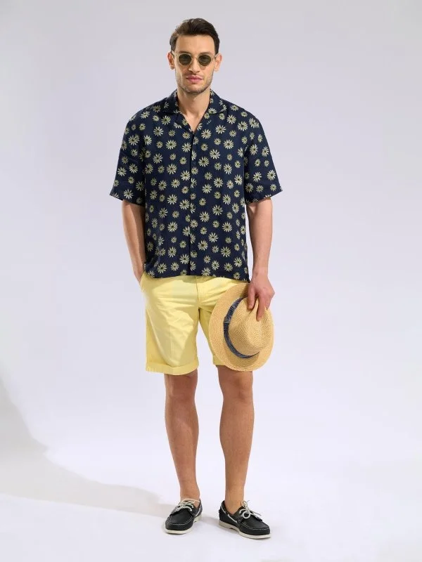 Germirli Navy Blue Floral Patterned Tailor Fit Hawaiian Collar Summer Linen Shirt - 5