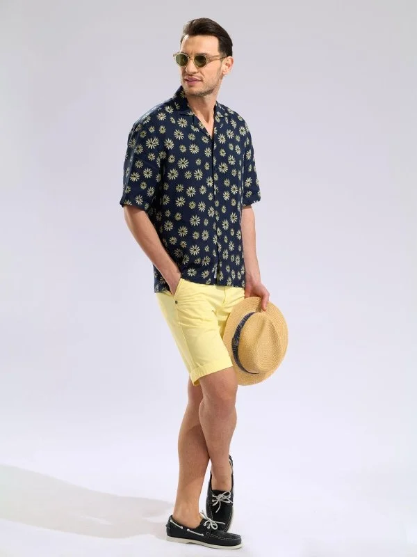 Germirli Navy Blue Floral Patterned Tailor Fit Hawaiian Collar Summer Linen Shirt - 6